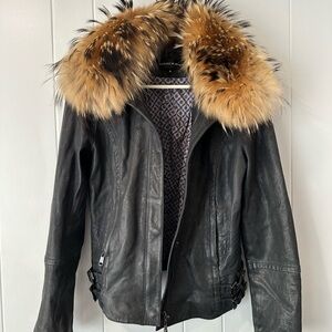 Andrew Marc Dark Navy Leather Jacket with Removable Fur Collar